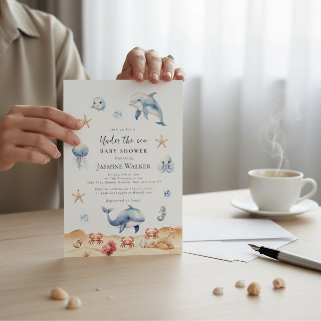 Ocean Theme Watercolor Dolphin Baby Shower Inbjudningar (Skapare uppladdad)