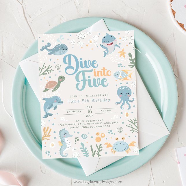 Ocean Themed 6th Birthday Invitation. Kids Ocean Inbjudningar (Under the Sea - Boy 5th Birthday Invitation)