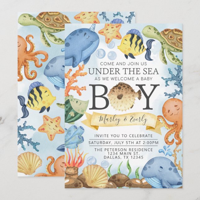 Ocean under Sea Boy Baby Shower-inbjudan Inbjudningar (Fram/baksida)
