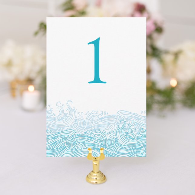Ocean Vågar Beach Wedding Aqua Blue Bordsnummer (Beach Wedding Table Number with Aqua Blue Waves from Nautical Stationery designer Concertina Press)