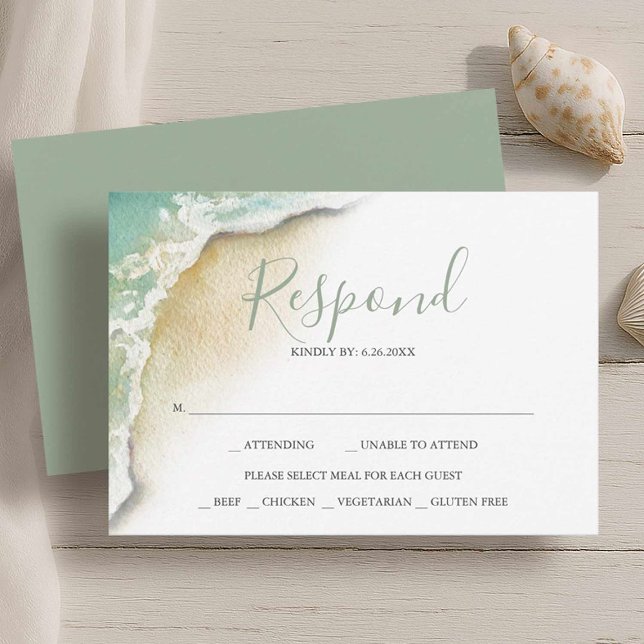 Ocean Vågar Beach Wedding Reply OSA (Beach wedding rsvp card watercolor seashore art by Victoria Grigaliunas of Do Tell A Belle)