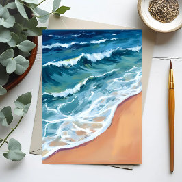 Ocean Vågar Blue Watercolor Coastal Vykort