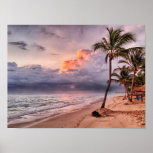 Ocean Vågar Sandy Beach Sunset Poster