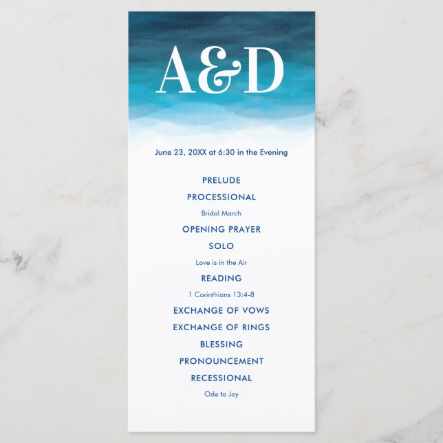Ocean Vågar Watercolor Bröllopsprogram, Blue Program (Framsida)