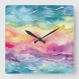 Ocean Vågar Watercolor Rainbow Inspired Rand Fyrkantig Klocka