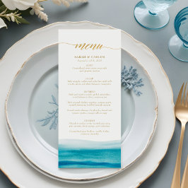 Ocean Watercolor Beach Guld Bröllop Meny