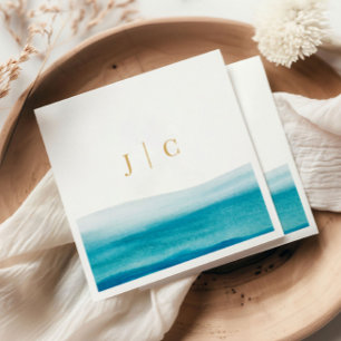 Ocean Watercolor Guld Initialer Beach Wedding Pappersservett