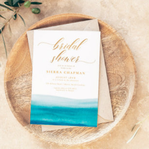 Ocean Watercolor Guld Möhippa Script Beach Inbjudningar