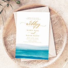 Ocean Watercolor Guld Script Beach Wedding Inbjudningar
