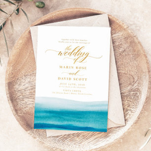 Ocean Watercolor Guld Script Beach Wedding Inbjudningar