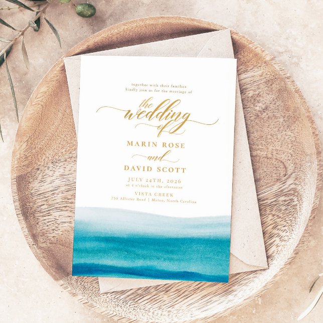 Ocean Watercolor Guld Script Beach Wedding Inbjudningar (Skapare uppladdad)