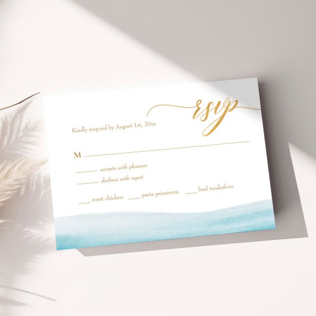 Ocean Watercolor Guld Script Beach Wedding OSA Kort (Skapare uppladdad)