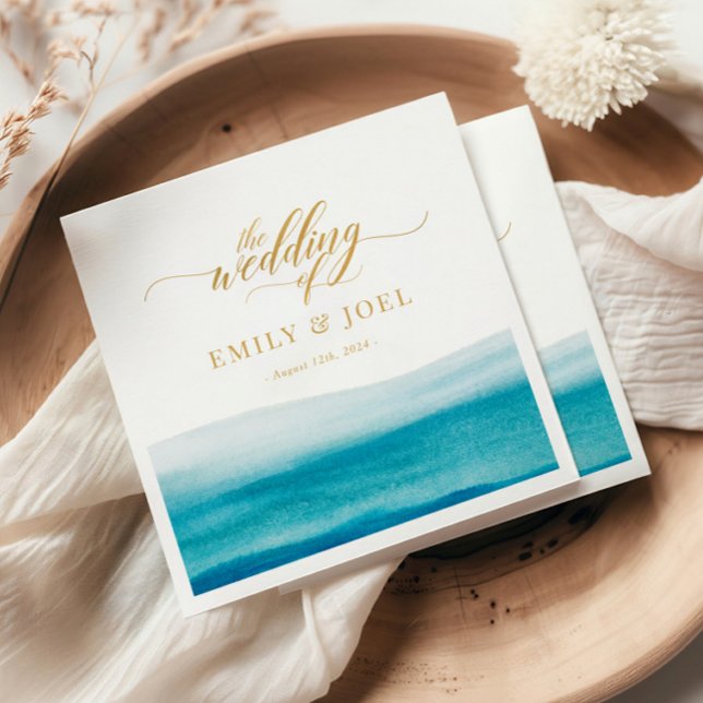 Ocean Watercolor Guld Script Beach Wedding Pappersservett (Skapare uppladdad)