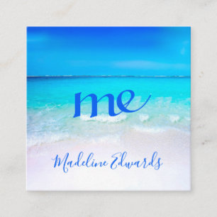 Ocean Wave Beach Scene Blue Modern Monogram Square Fyrkantigt Visitkort