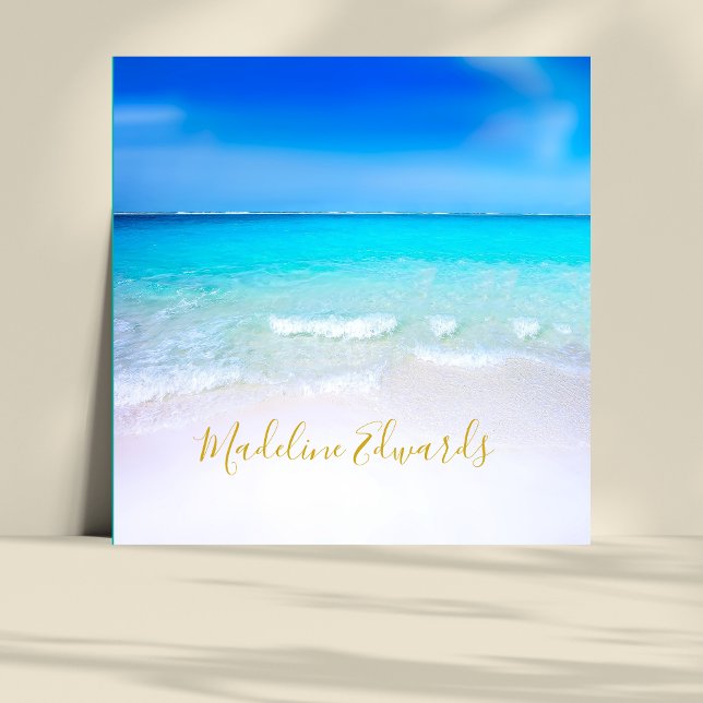 Ocean Wave Beach Scene Guld Modern Monogram Square Fyrkantigt Visitkort (Skapare uppladdad)