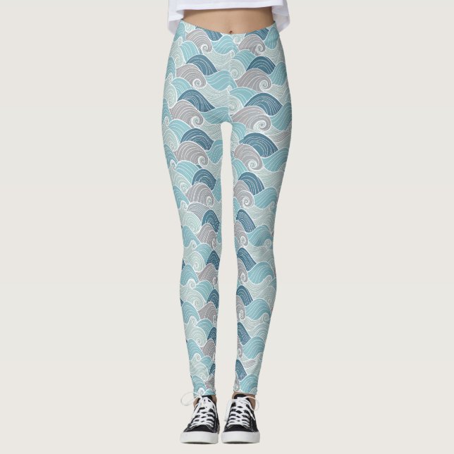 Ocean Wave Blue Grey Leggings (Framsida)
