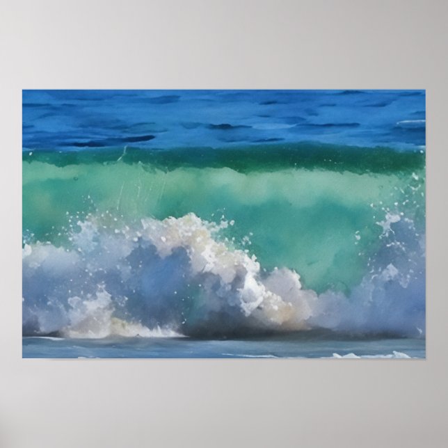 Ocean Wave Malibu Panorama Akvarell Konst Poster (Framsidan)