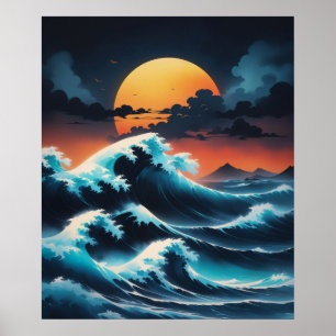 Ocean Wave Sunset Asia Stil Poster