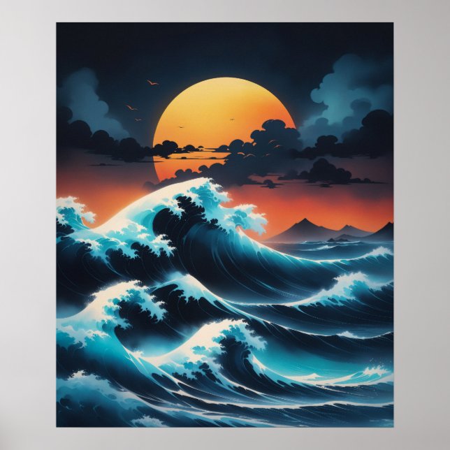 Ocean Wave Sunset Asia Stil Poster (Framsidan)