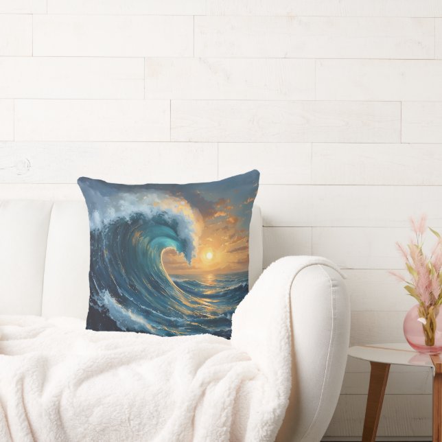 Ocean Wave Sunset Throw Pillow – Abstract Sea Art  Kudde (Soffa)