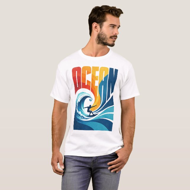 OCEAN Wave Surfer – Retro Surf Lifestyle Art T Shirt (Hel framsida)