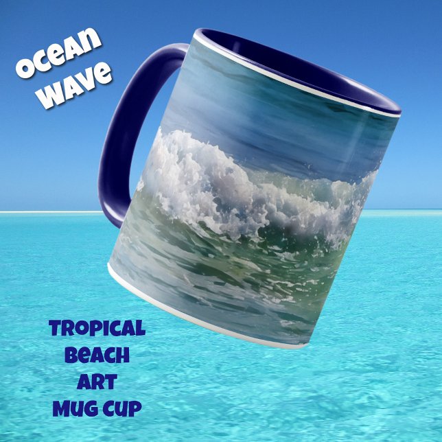 Ocean Wave Tropical Beach Art Mugg Kopp (An ocean wave on a tropical beach and in a watercolors style art on a mug.)