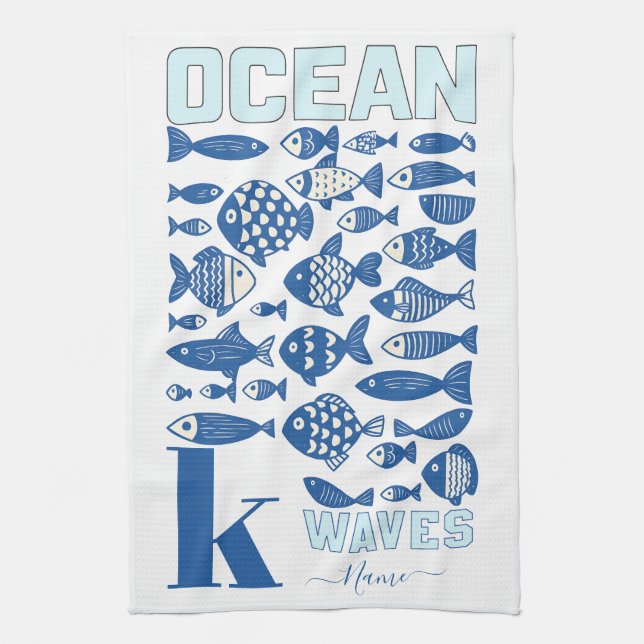 Ocean Waves Coastal Fish Kitchen Towel – Nautical  Kökshandduk (Vertikal)