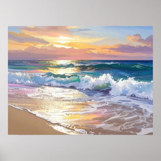 Ocean Waves on the Beach in the Sunshine Art Poster (Framsidan)