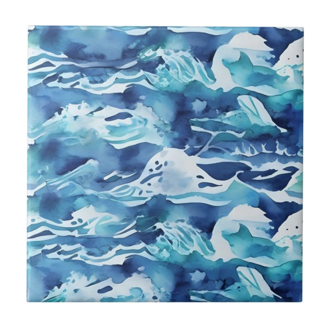 Ocean Waves | Teal Watercolor Aqua Blue Kakelplatta (Framsidan)