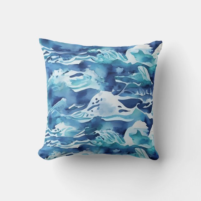 Ocean Waves | Teal Watercolor Aqua Blue Kudde (Framsida)