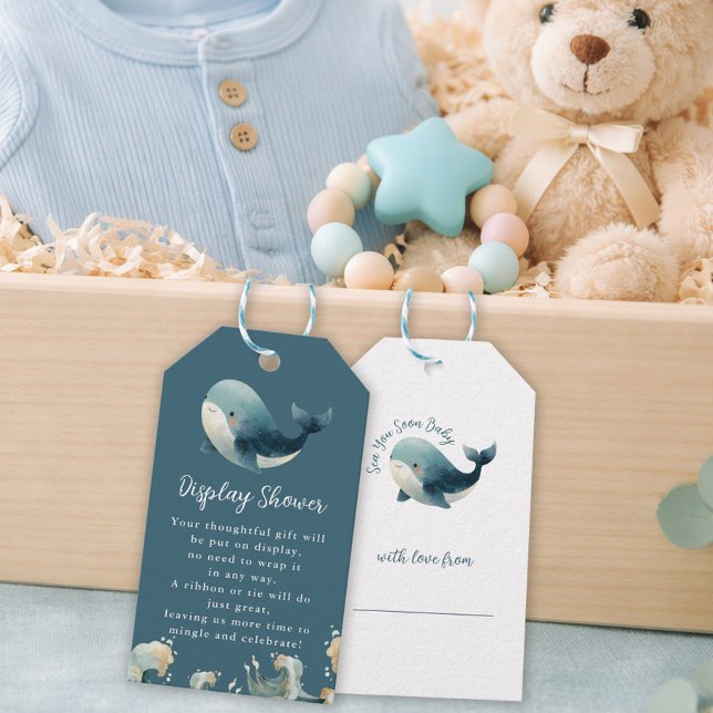 Ocean Whale Turquoise Display Baby Shower Presentetikett (front and back view)
