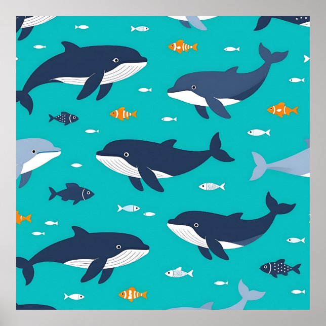 Ocean Whales Dolphins Pattern Poster (Framsidan)