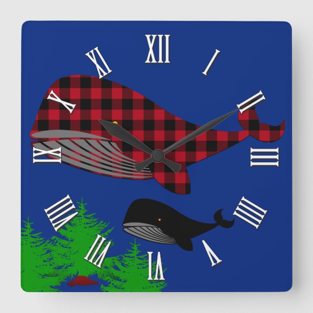 Ocean Whales fantasy, buffalo plaid valale, träd Fyrkantig Klocka (Framsida)