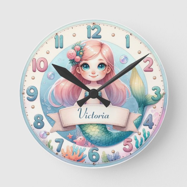 Ocean Whimsy Mermaid Clock Rund Klocka (Framsida)