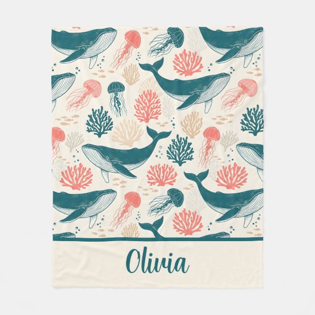 Ocean Wonders Whale Jellyfish Coral Fleecefilt (Framsidan)