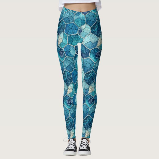 Oceanblått mosaikmönster – Oregelbunden polygon Leggings (Framsida)