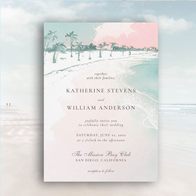 Oceanen Beach Handflatan Träd Rosa Himlar Elegant  Inbjudningar (beach wedding invitation dreamy watercolor waves palm trees ocean formal traditional modern classic)