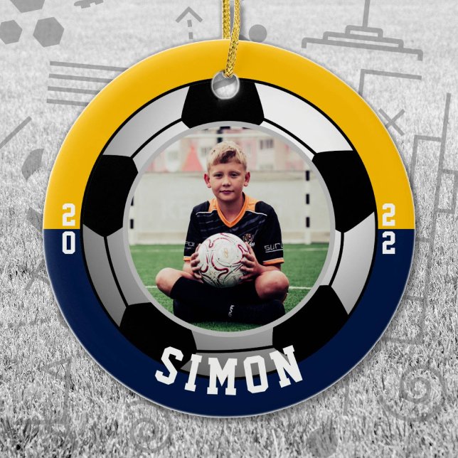 Oceanflottan Guld Team Färg Julgransprydnad Keramik (Navy and Gold Soccer Let's Go Team Ornament. Celebrate your high school or college athlete.)