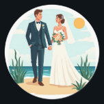 Oceanfront Wedding Stickers Runt Klistermärke<br><div class="desc">Delightful illustration of a bride and groom walking hand-in-hand on the beach,  perfect for wedding-themed decor and gifts.</div>