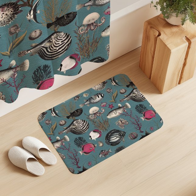 Oceania Fuchsia Grey Fishes on Blue Background Badrumsmatta (Skapare uppladdad)