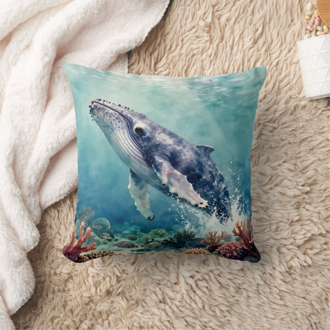 Oceanic Blue Whale Watercolor Coastal Art Kudde (Filt)