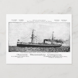 Oceanic Steamship Mariposa till Hawaii, 1890 Vykort
