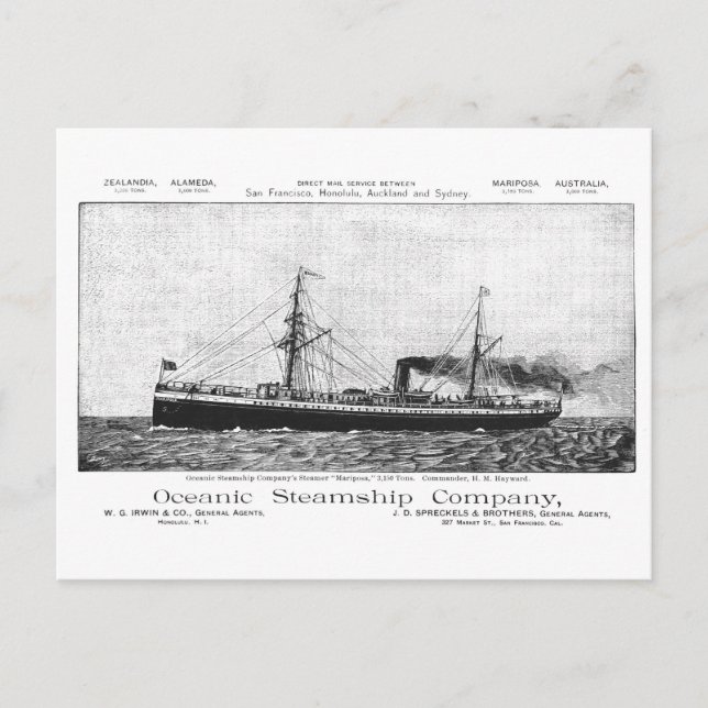 Oceanic Steamship Mariposa till Hawaii, 1890 Vykort (Framsida)