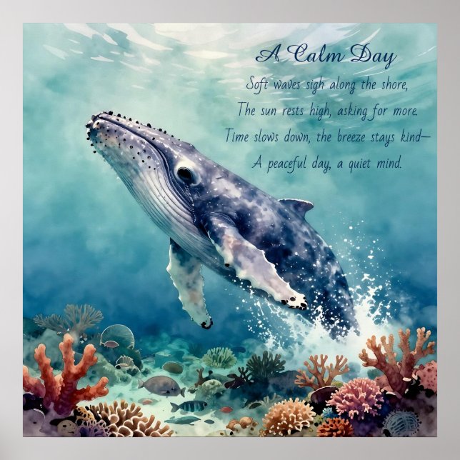 Oceanisk Blå Val Vattenfärg Kustkonst Poster (Framsidan)