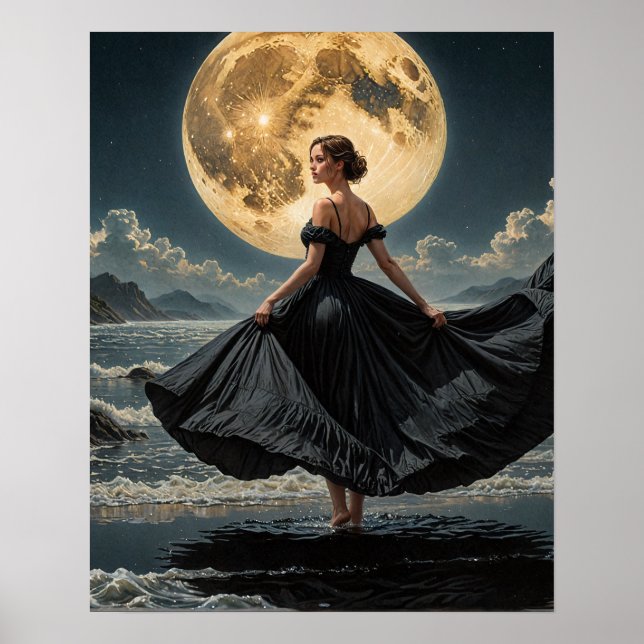 Oceanöde under Måne-kvinnan i Black Dress Poster (Framsidan)