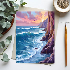 Ocean's Breath | Klippig havs solnedgång Akvarellk