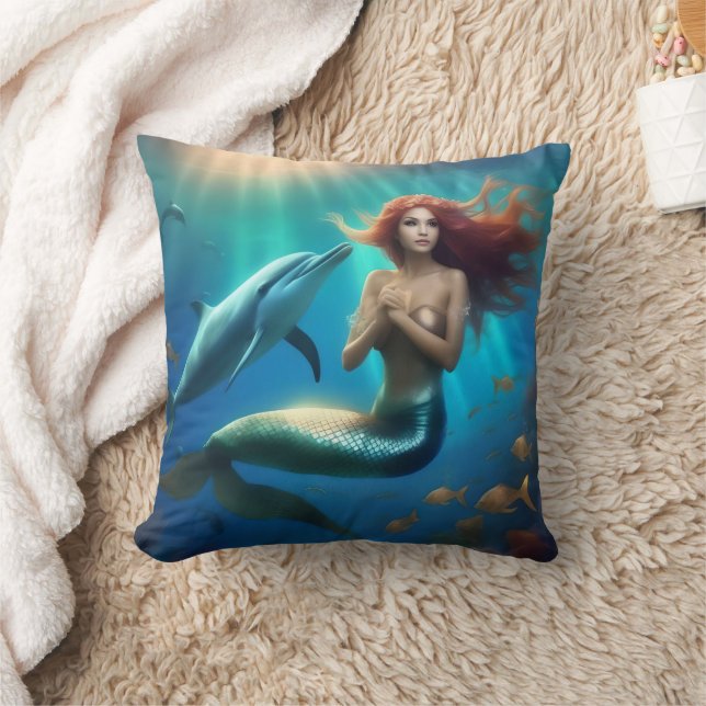 "Ocean's Dance: A Sjöjungfru and Dolphins' Journey Kudde (Filt)