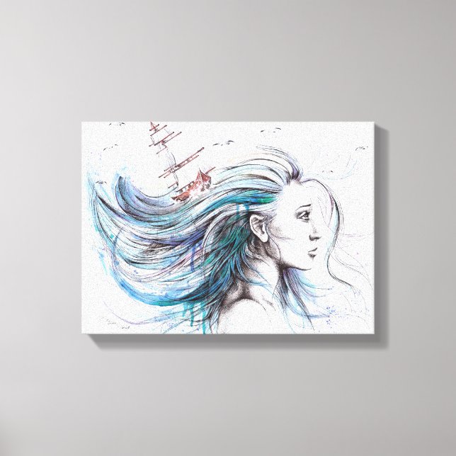 Oceans Girl Nautical Surreal Painting Art Canvastryck (Framsida)