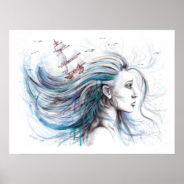 Oceans Girl Nautical Surreal Painting Art Poster (Framsidan)