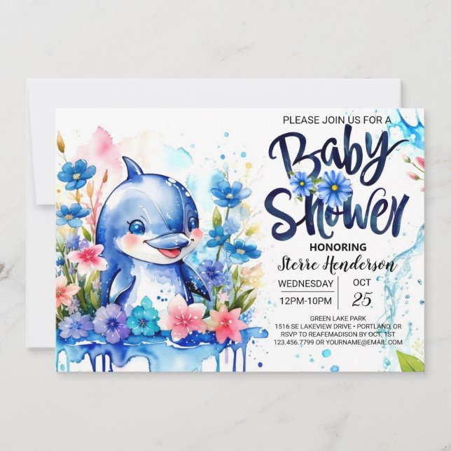 Ocean's Symphony: Dolphin-themed Boy Shower Inbjudningar (Framsida)